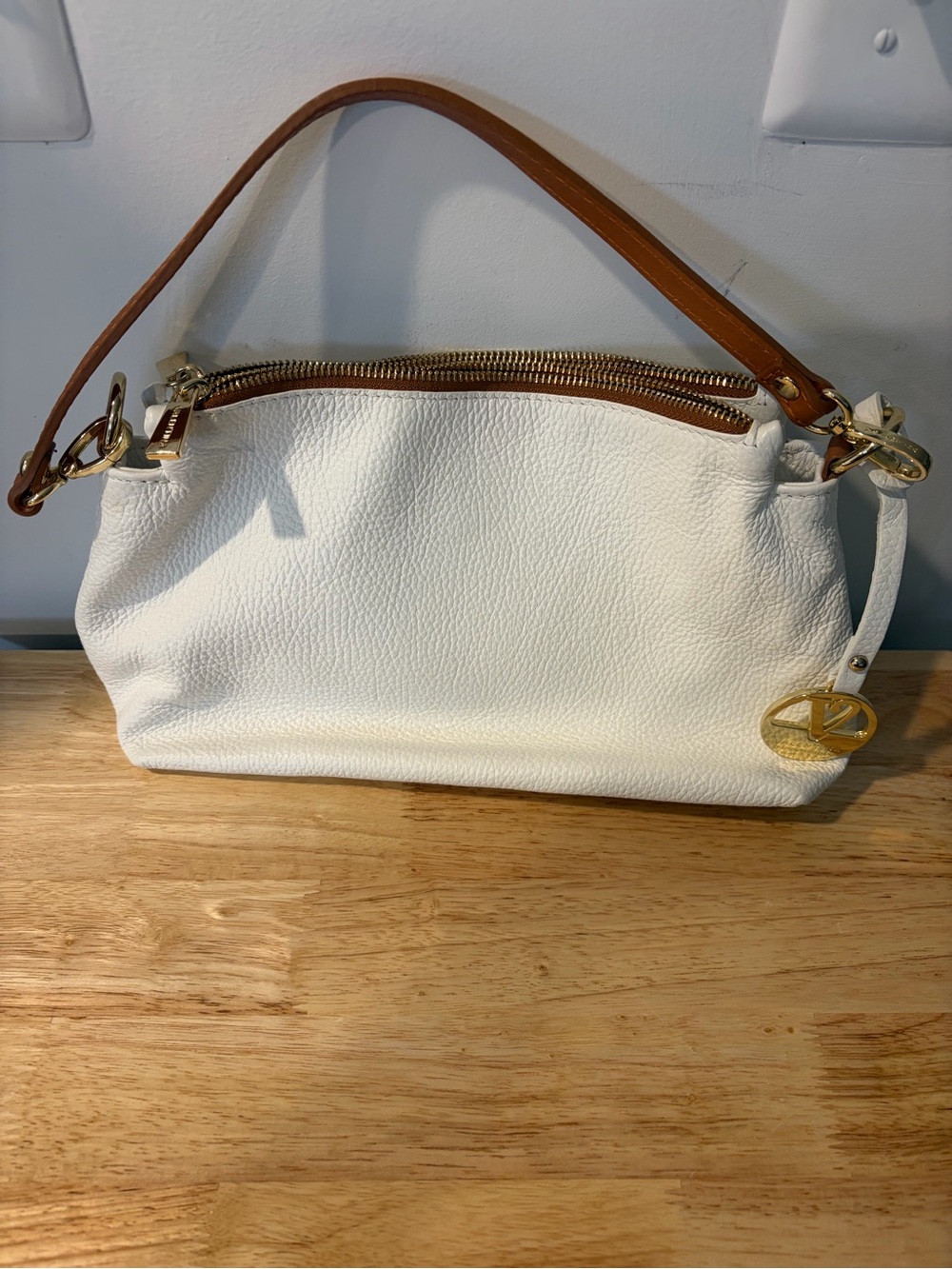 Valentina White Pebbled Shoulder Bag with Tan Handle